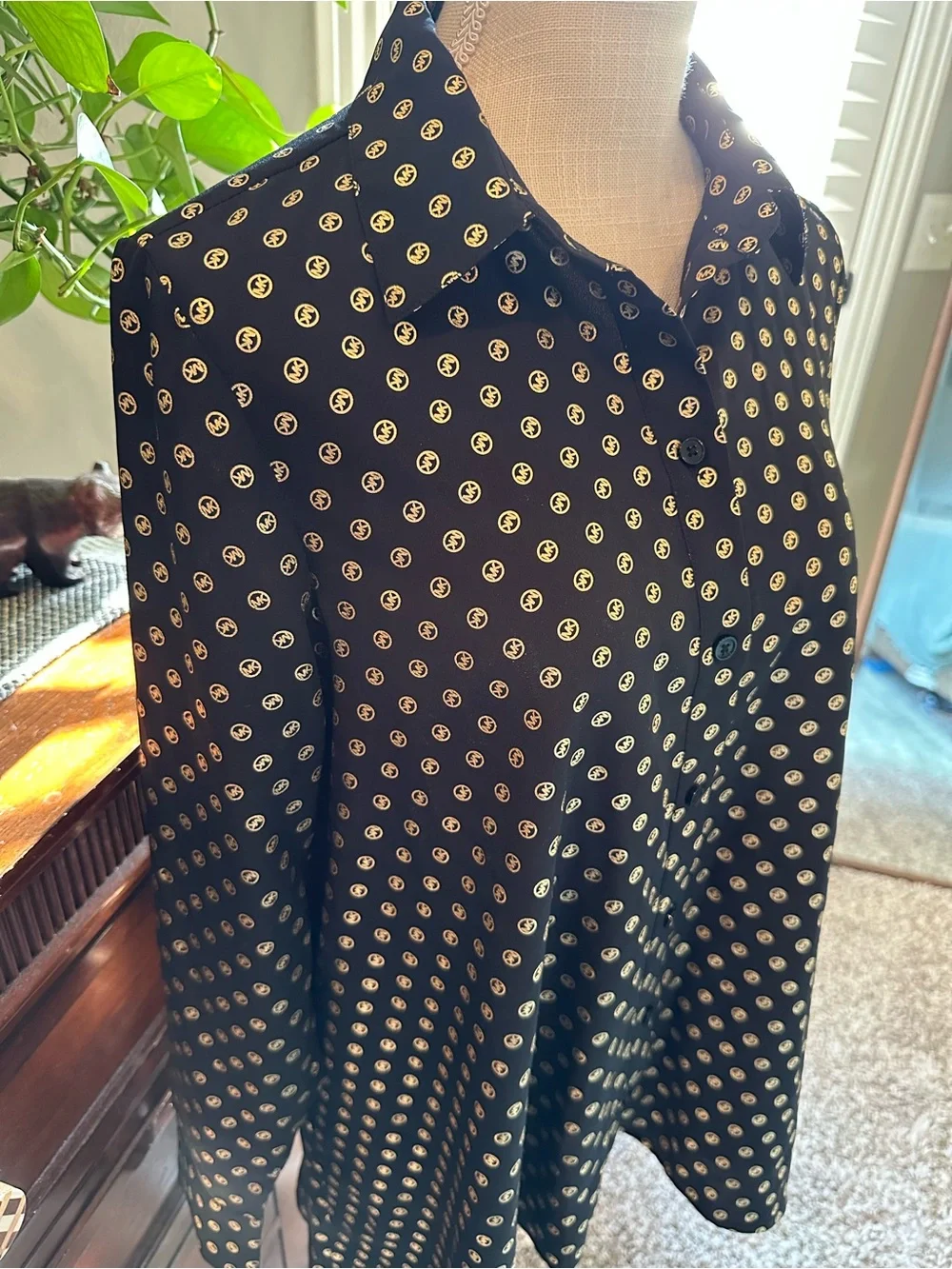 Michael Kors Black Button-Down Shirt with Cream Dot Pattern